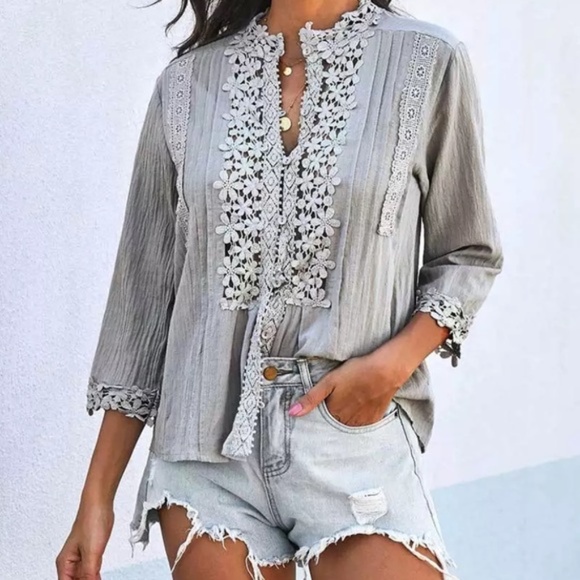 Gray Bohemian Lace Crochet Button Front Blouse - Picture 2 of 4
